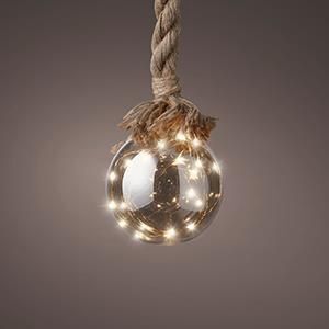Product thumbnail 14cm LED kerstbal smokey aan jute touw 80cm op batterij