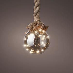 Product thumbnail 10cm LED kerstbal smokey aan jute touw 80cm op batterij