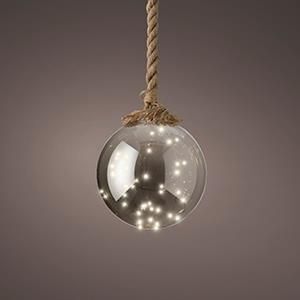 Product thumbnail 20cm LED kerstbal smokey aan jute touw 80cm op batterij
