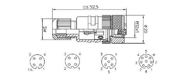 4-polige M12 Connector female met schroefaansluiting - SW15 - Afbeelding 2