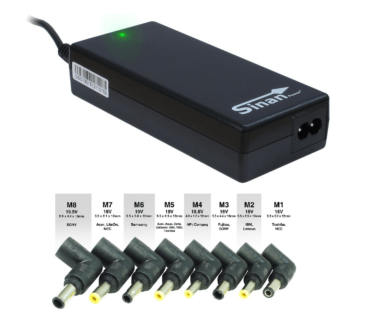 Sinan | Compacte Laptoplader | 90W | Universeel | Inclusief 8 universele DC-connectoren