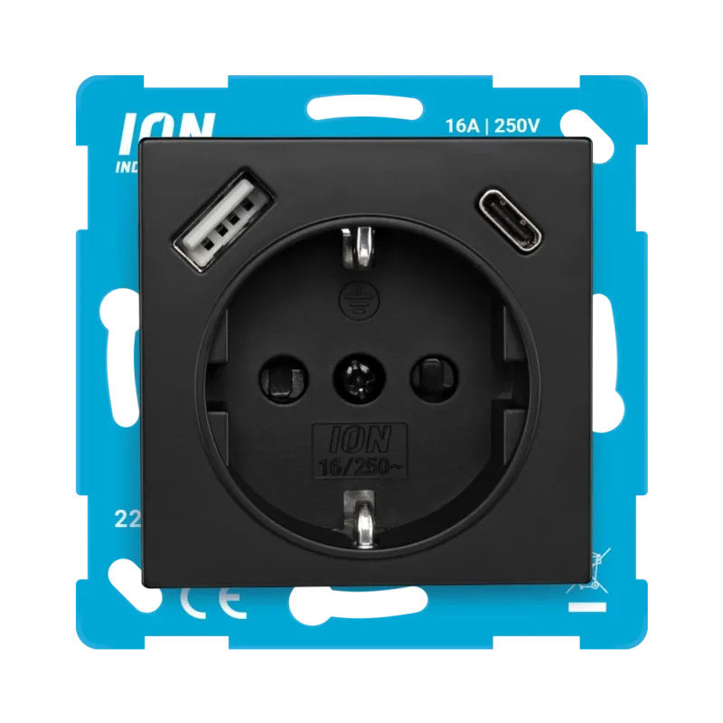 Product thumbnail ION | Wandcontactdoos Randaarde | USB-A | USB-C | Kinderbeveiliging | V1/D1 | Mat Zwart