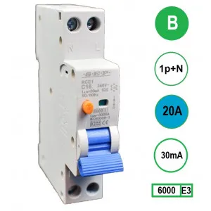 Product thumbnail S.E.P. | Aardlekautomaat | 20A – 30mA | B-karakteristiek | 1P+N | 1 Module
