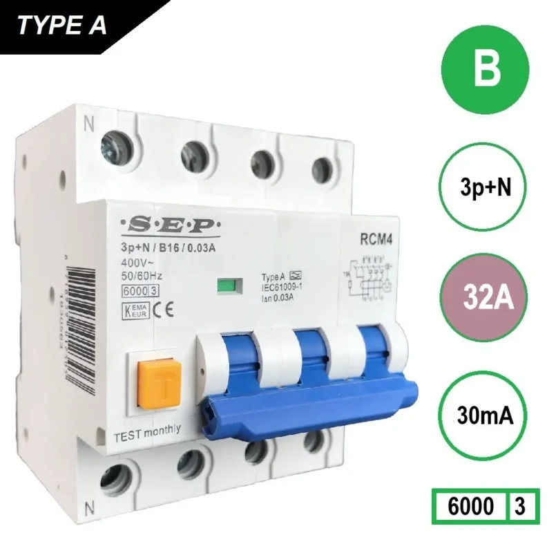 Product thumbnail S.E.P. | Aardlekautomaat | 32A – 30mA | B-karakteristiek | 3P+N
