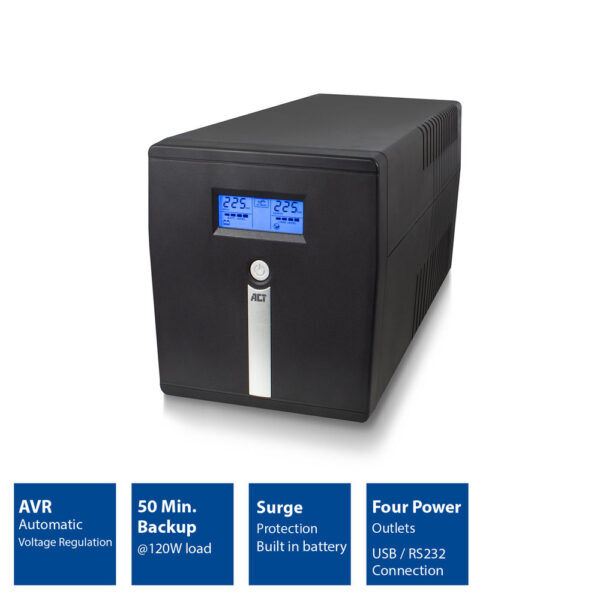 ACT 1000VA UPS noodstroomvoorziening, 2x IEC C13, 2x type F female, 1x USB, 1x RS232 - Afbeelding 2