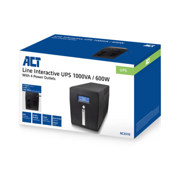 ACT 1000VA UPS noodstroomvoorziening, 2x IEC C13, 2x type F female, 1x USB, 1x RS232 - Afbeelding 4