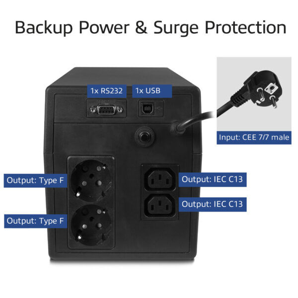 ACT 1000VA UPS noodstroomvoorziening, 2x IEC C13, 2x type F female, 1x USB, 1x RS232 - Afbeelding 6