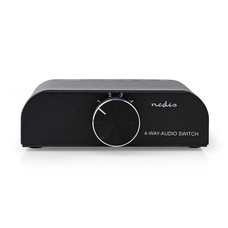 Product thumbnail Analoge Audio-Switch | 4-Poorts | Input: 1x 3,5 mm Audio-Input / 3x (2x RCA) | Output: 1x (2x RCA)