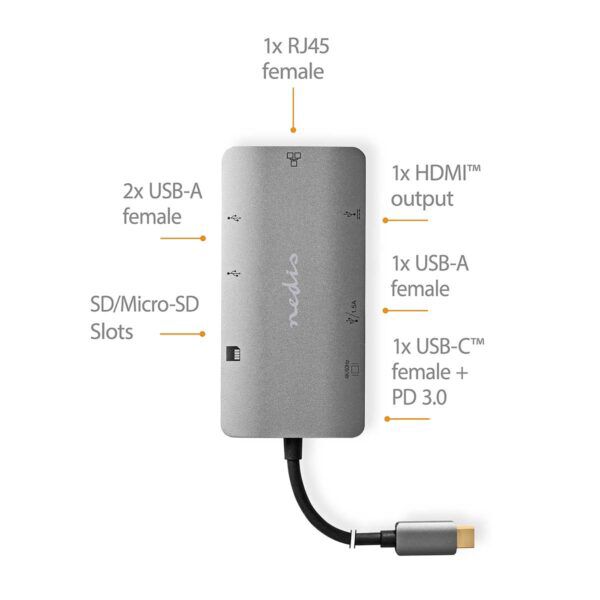 USB Multi-Port Docking Station | USB 3.2 Gen 1 | USB-C Male | HDMI Output / Micro SD / RJ45 Female / SD / USB-C Female / 3x USB-A Female - Afbeelding 8