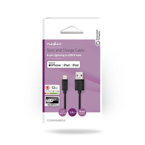 Lightning Kabel | Apple Lightning 8-Pins – USB-A Male | 2 meter | Zwart - Afbeelding 3