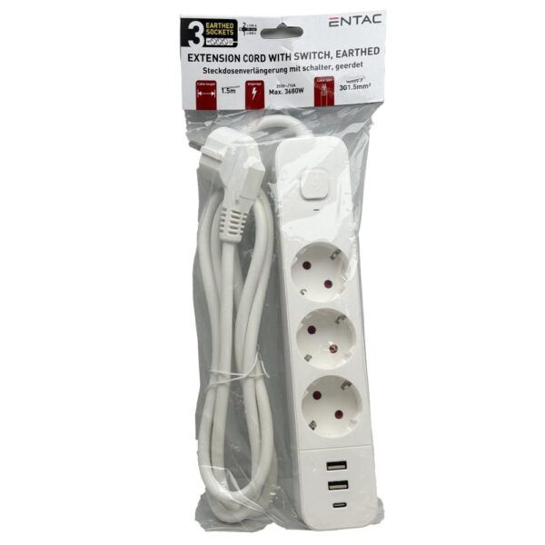 TCD RA 3V 1,5m snoer met 2xUSB en 1xUSB-C +schakelaar wit - Afbeelding 2