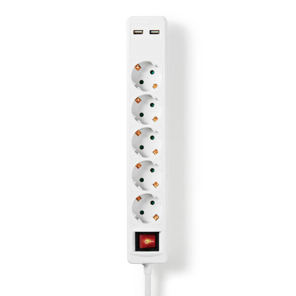 5-voudige stekkerdoos met schakelaar + USB 1,5 meter wit 3×1,5mm²