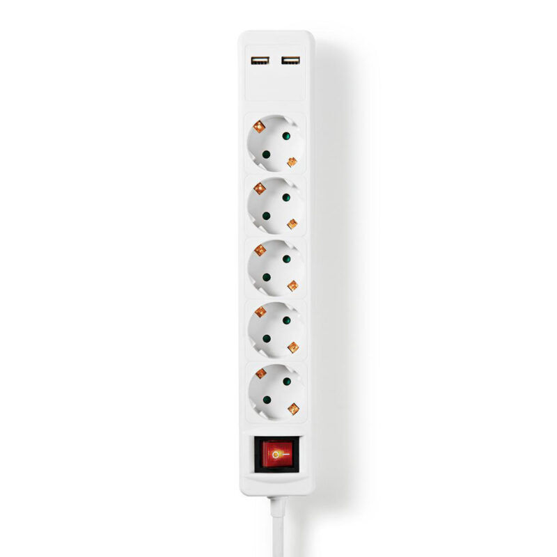 Product thumbnail 5-voudige stekkerdoos met schakelaar + USB 1,5 meter wit 3×1,5mm²