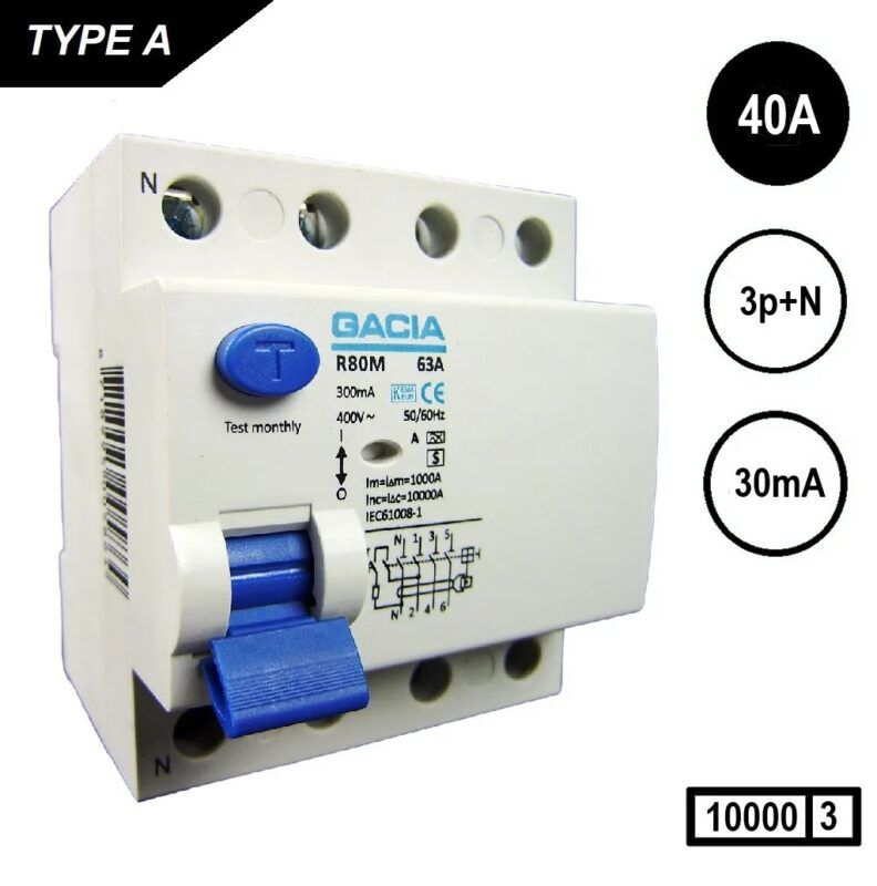 Product thumbnail Gacia Aardlekschakelaar 30mA/40A 4-polig 3P+N