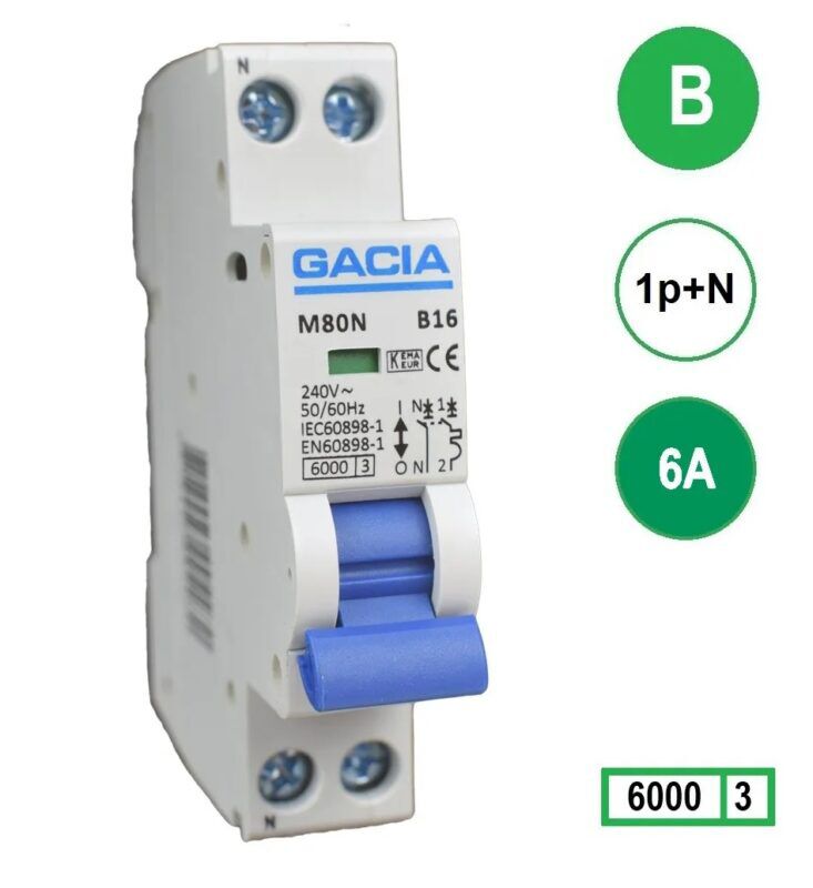 Product thumbnail Gacia Installatieautomaat B6 1P+N 6A B kar.