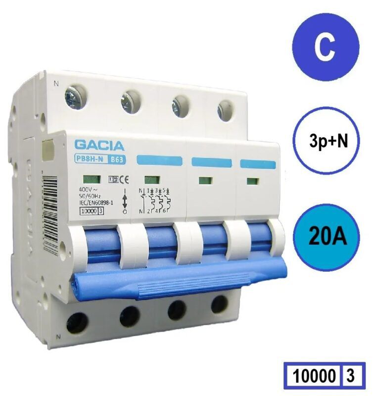Product thumbnail Gacia Installatieautomaat C20 3P+N 20A C kar.