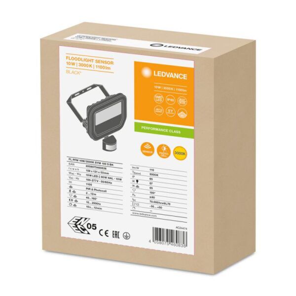 Ledvance 10W 2200lm IP65 3000K Floodlight Sensor-schijnwerper Zwart - Afbeelding 2