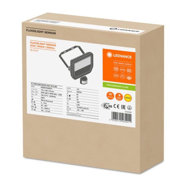 Ledvance 20W 2200lm IP65 3000K Floodlight Sensor-schijnwerper Zwart - Afbeelding 4