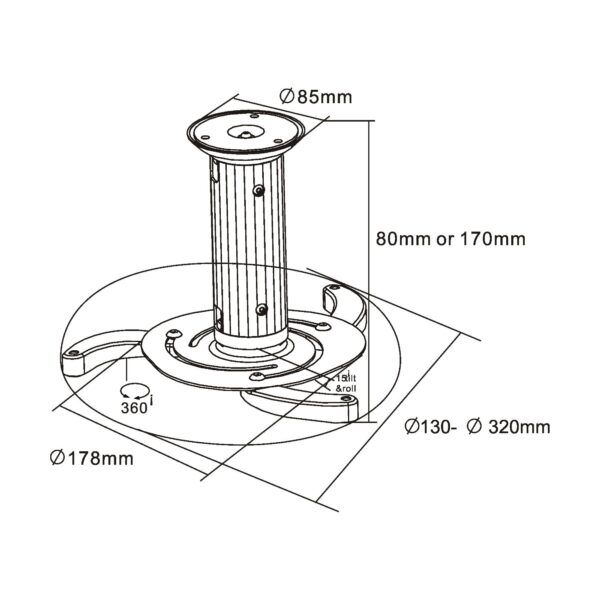 Plafondbeugel voor projectoren, hoogte 130/200 mm, max. 10 kg - Afbeelding 2