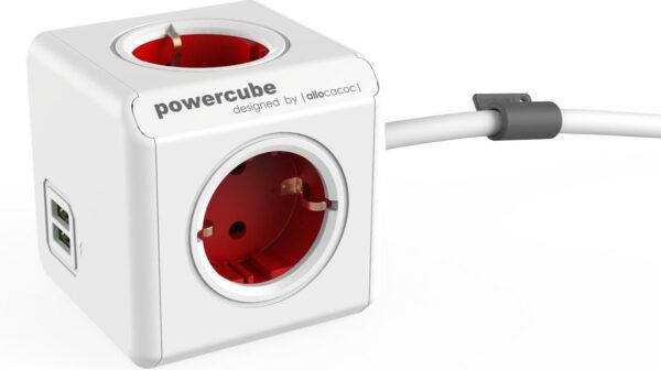 PowerCube met 2 x USB-A, stekkerdoos, 4 sockets, 1.5m, wit/rood - Afbeelding 6