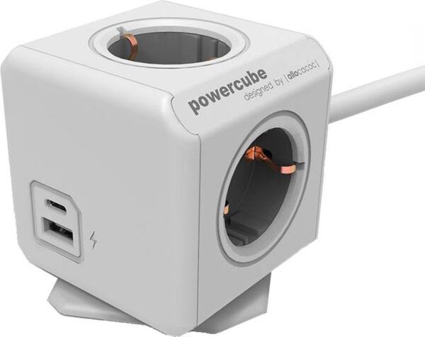 PowerCube met USB-A en USB-C, stekkerdoos, 4 sockets, 1.5m, wit/grijs - Afbeelding 3