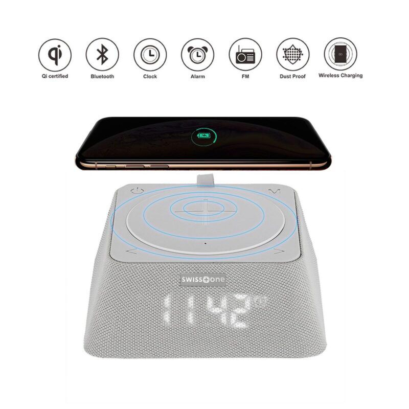 Product thumbnail Q-Box FM Wekker - Bluetooth Luidspreker - Qi Powerbank (Grijs)