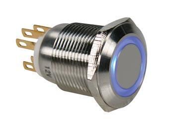 Product thumbnail DRUKKNOP PULS IN ROESTVRIJ STAAL SPDT 1NO 1NC - BLAUWE RING - 19mm