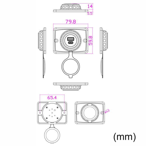 USB C / USB A QC3.0 LAADAANSLUITING 12/24V OPBOUW 30W - Afbeelding 5