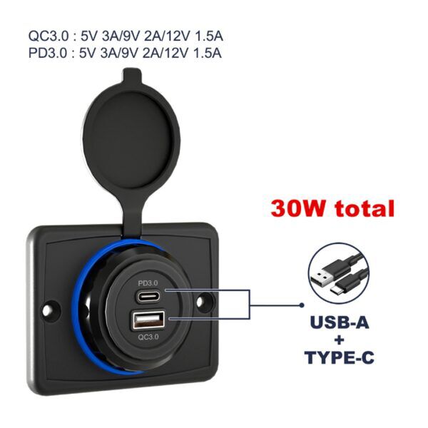 USB C / USB A QC3.0 LAADAANSLUITING 12/24V OPBOUW 30W - Afbeelding 4