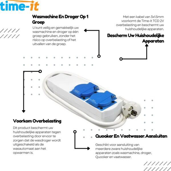 Time-it TCD 2V Combischakelaar | Combiregelaar | Wasmachine & Drogerschakelaar | Vaatwasser & Quooker schakelaar |1,5 meter 3x1.5mm² - Afbeelding 2