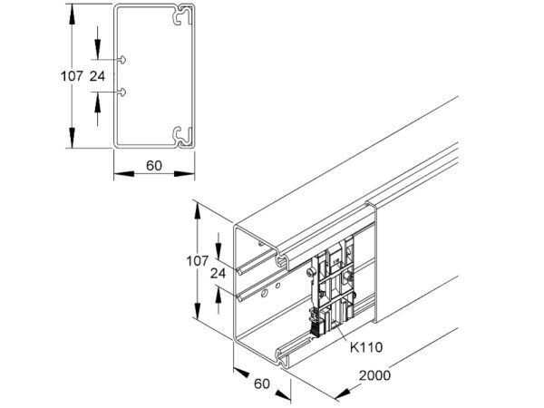 Universele wandgoot wit 2 meter 110mm x 60mm RAL9001 - Afbeelding 2