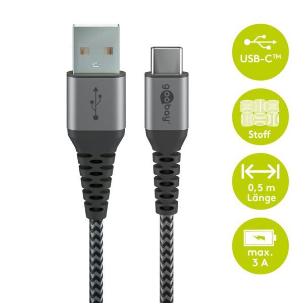 USB 2.0 Kabel | USB-A | USB-C | Textiel | 0.5 meter - Afbeelding 3