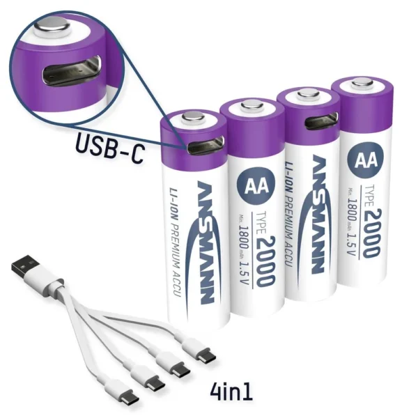 LITHIUM AA 2000MAH USB-C HERLAADBAAR 4 STUKS
