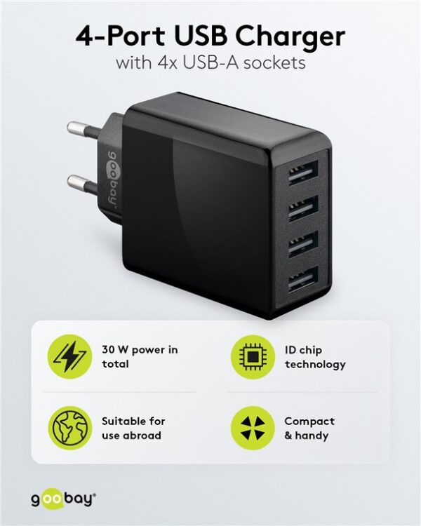 USB-A Multipoort lader 30W | zwart | 4x USB-A - Afbeelding 4