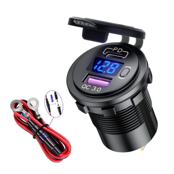 USB-A QC3.0 en USB-C PD AUTOLADER INBOUW (12-24 VDC IN, 5V/3A, 9V/2A, 12V/1.5A UIT)