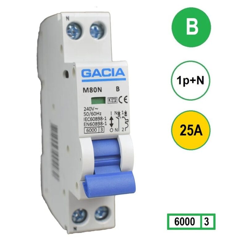 Product thumbnail Gacia Installatieautomaat B25 1P+N 16A B kar.