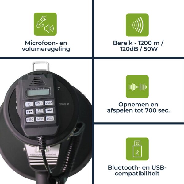 MEGAFOON 50W BLUETOOTH ZWART RECORD SIRENE MICROFOON - Afbeelding 4