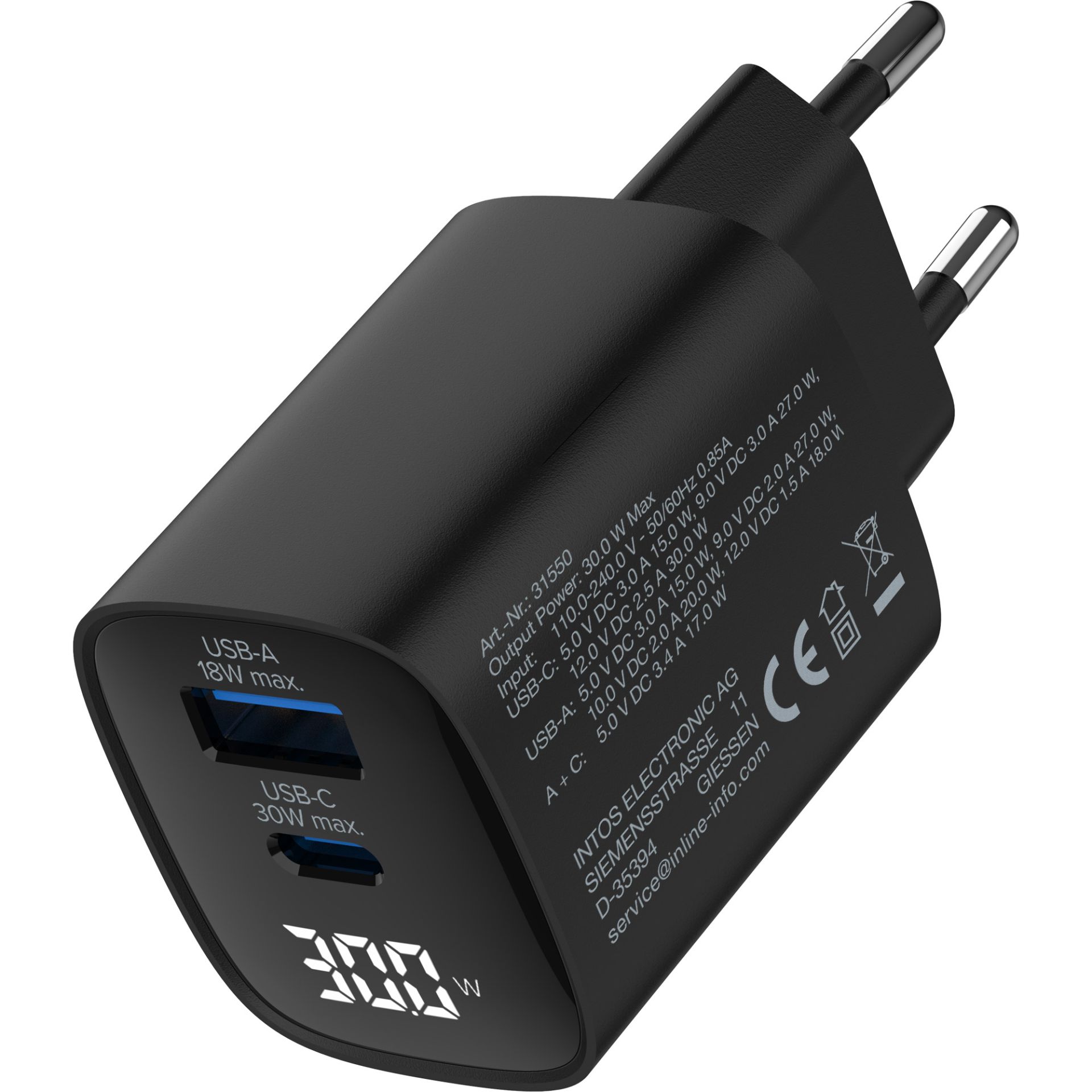 Inline | USB Oplader | 30 W | 3.0 A | USB-A / C | Zwart | Met Display | GaN Technologie - Afbeelding 2