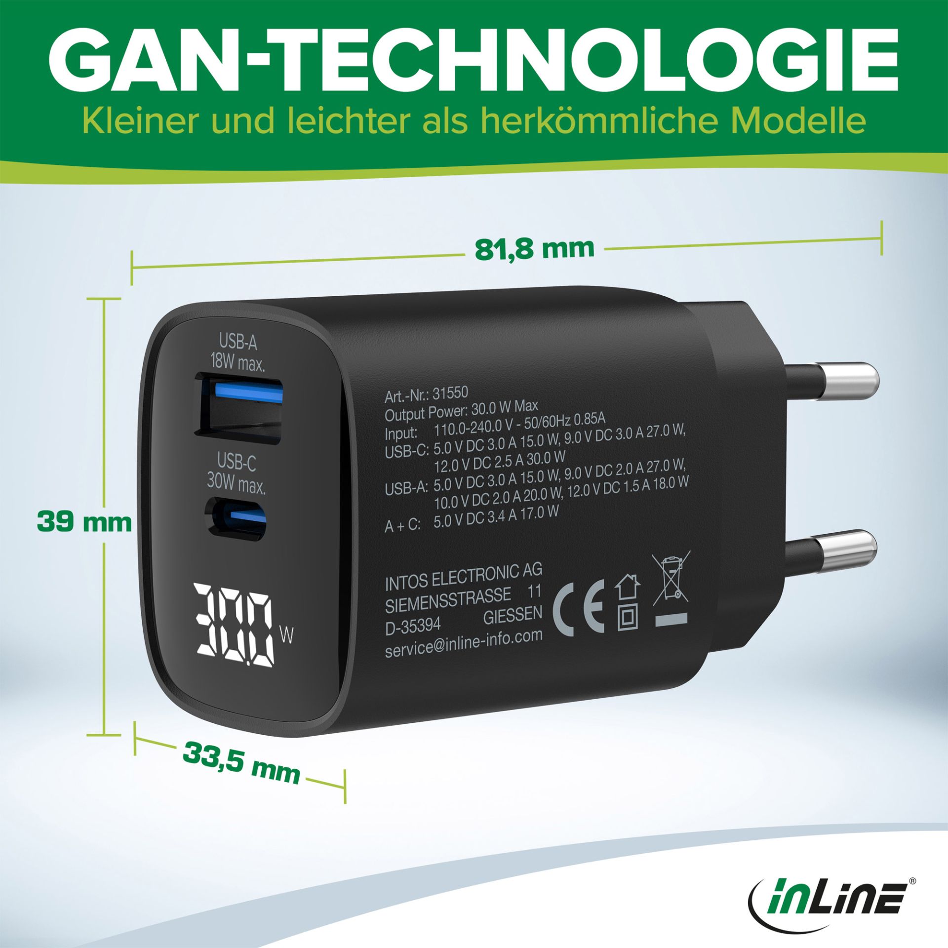 Inline | USB Oplader | 30 W | 3.0 A | USB-A / C | Zwart | Met Display | GaN Technologie - Afbeelding 4