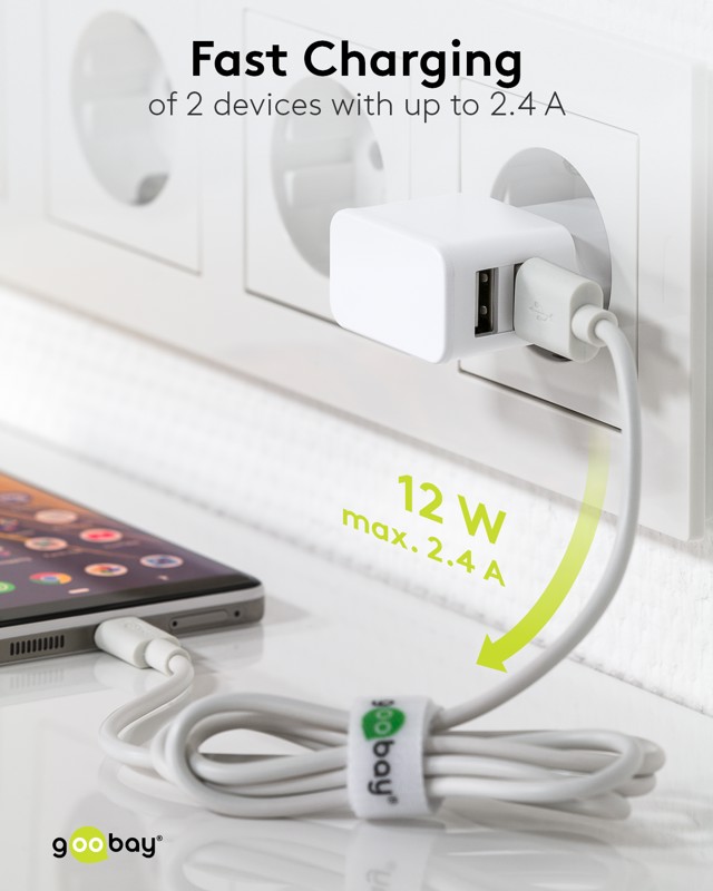 USB-A Compacte lader 12W | wit | 2x USB-A - Afbeelding 2