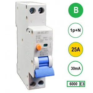 Product thumbnail S.E.P. | Aardlekautomaat | 25A – 30mA | B-karakteristiek | 1P+N | 1 Module