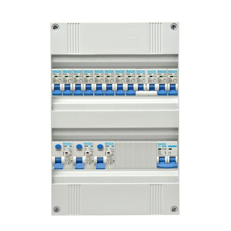 Product thumbnail Gacia | 1-Fase Groepenkast | 10x B16 automaat | 1x kookgroep 16A | 3x Aardlekschakelaar | 1x Hoofdschakelaar | 220 x 330 mm