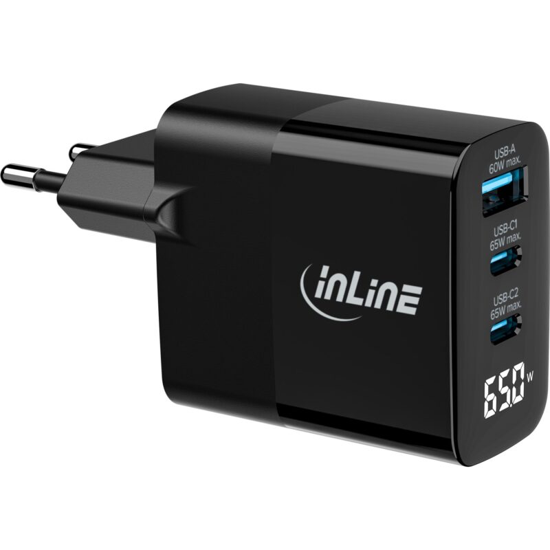 Product thumbnail Inline | USB Oplader | 65 W | PD 3.0 | USB-A / 2x USB-C | Zwart | Met Display | GaN Technologie