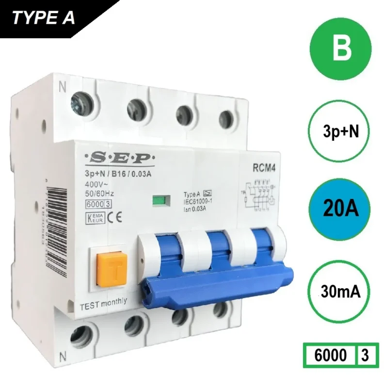 Product thumbnail S.E.P. | Aardlekautomaat | 20A – 30mA | B-karakteristiek | 3P+N