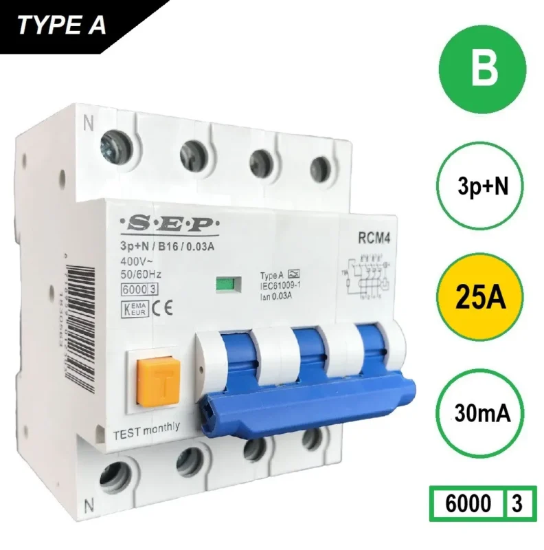Product thumbnail S.E.P. | Aardlekautomaat | 25A – 30mA | B-karakteristiek | 3P+N