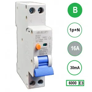 Product thumbnail S.E.P. | Aardlekautomaat | 16A – 30mA | B-karakteristiek | 1P+N | 1 Module